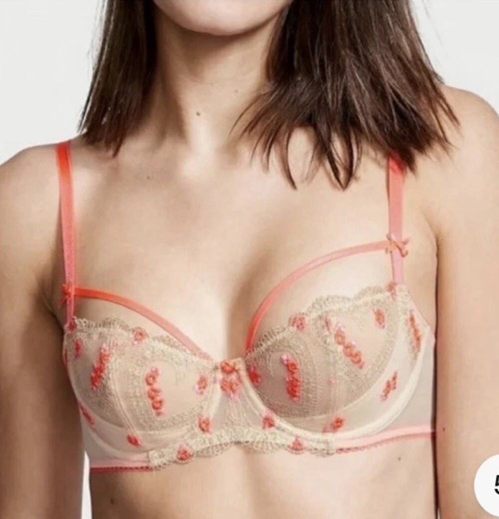 Victoria’s Secret Dream Angels Push Up Bra 36DD Coral Pink Gold Lace Embroidered